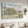 White Azalea Old Barn Wooden Cross Be Still And Know That I Am God Canvas Wall Art