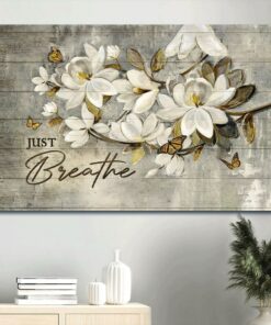 White Flower Painting Monarch Butterfly Just Breathe Canvas Wall Art