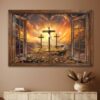 Window Frame Sunset Painting Path To Heaven Cross Jesus Canvas Wall Art