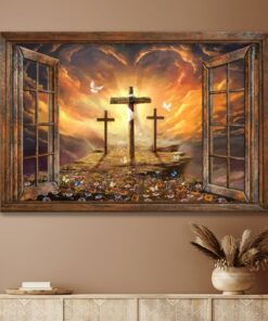 Window Frame Sunset Painting Path To Heaven Cross Jesus Canvas Wall Art