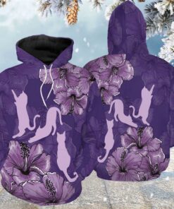 Purple Hibiscus Cat All Over Print 3D Hoodie For Men And Women - Christmas Gift