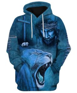 Roaring Blue Lion And Jesus - Faith Over Fear Hoodie - 3D Printed Hoodie - Christmas Gift